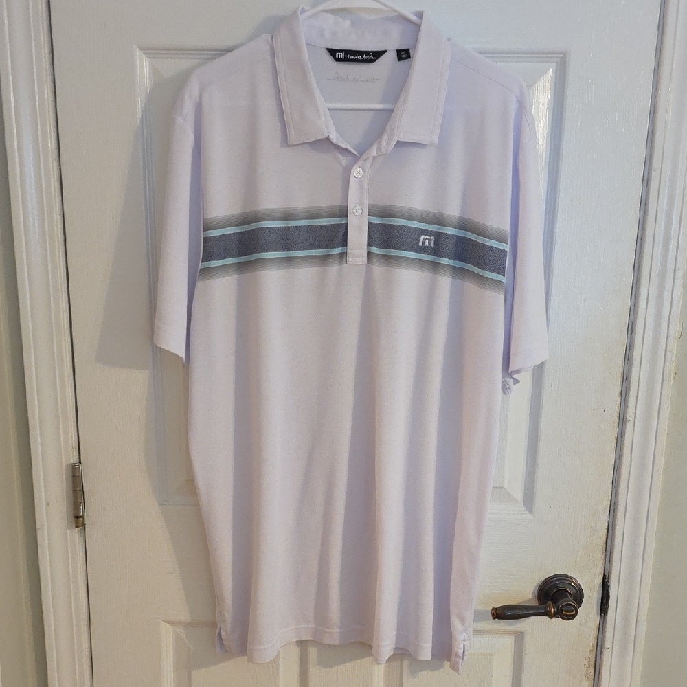 Travis Mathew White Polo with Gray and Blue Stripes